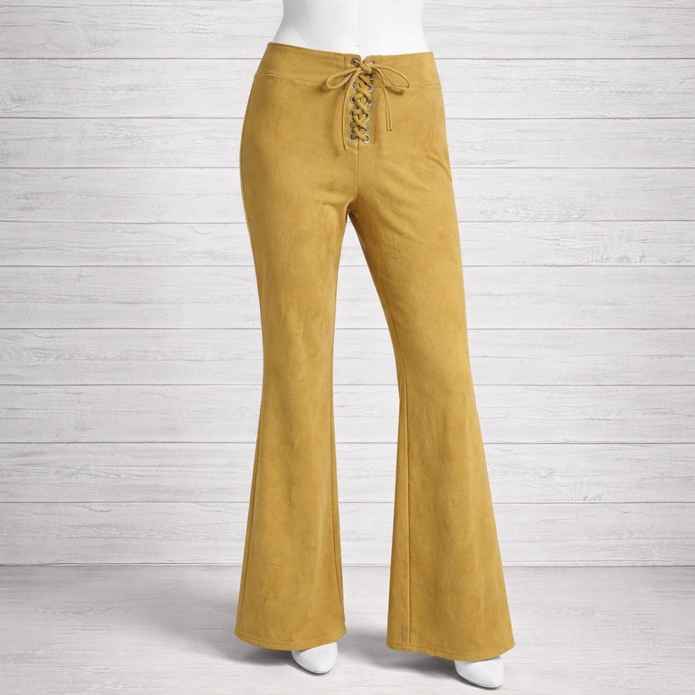 Y2K Forever 21 Lace Up Flare Pants Mustard Faux Suede Festival Boho Large indie - Picture 2 of 13
